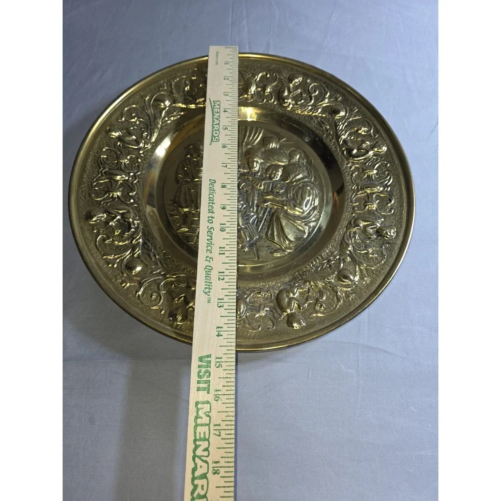 Vintage Brass Repousse Wall Plates Pair Dutch Genre Scenes Ornate Decorative